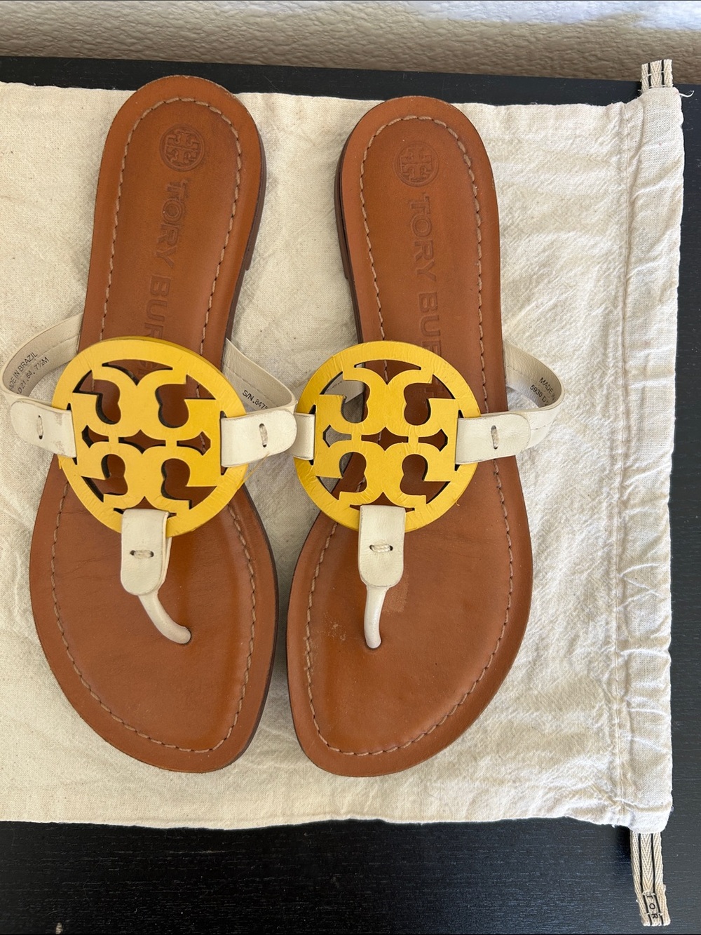 Tory Burch White and Yellow Miller Logo Thong Sandals - Picture 3 of 6
